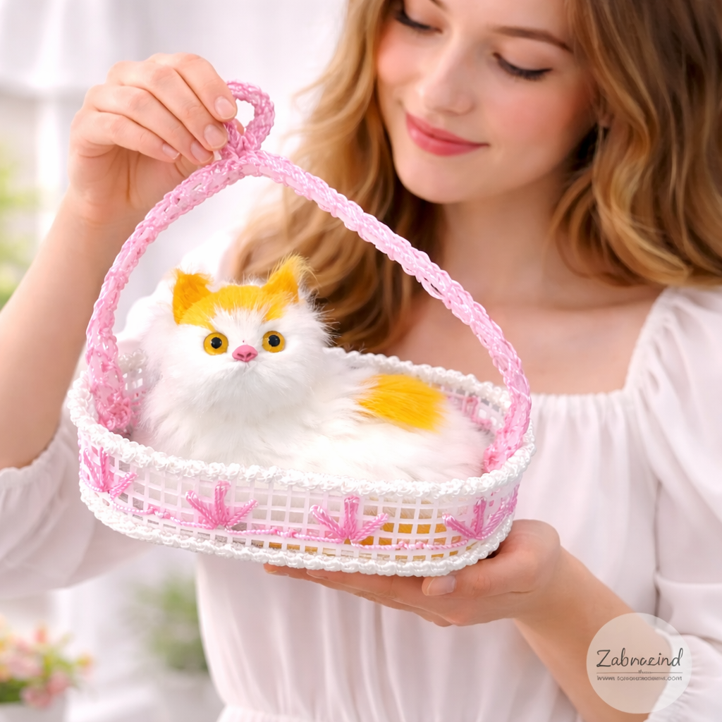 Decorative Hanging Plush Cat Toy, White & Orange Kitten in Pink Basket, Realistic Stuffed Animal, Cute Gift & Home Decor Accent (Pink)