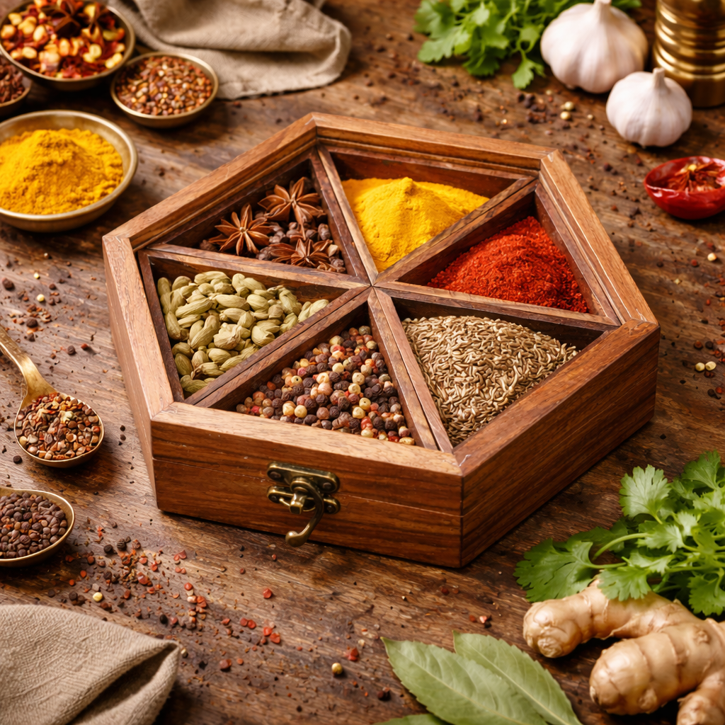 Wooden Hexagon Spice Box – Handmade Masala Organizer with 6 Compartments