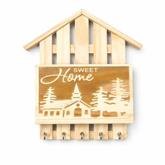 Rustic Wooden Key Holder with 'Sweet Home' Engraving – Decorative Wall Organizer