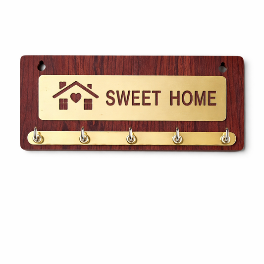 Rustic Wooden Key Holder with 'Sweet Home' Engraving – Decorative Wall Organizer