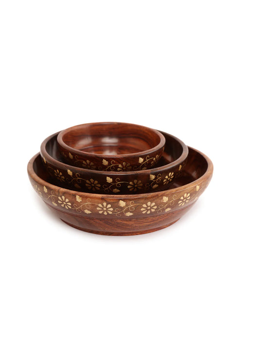 Handcrafted Wooden Bowls Set with Floral Inlay – Decorative Kitchen Serving Bowls