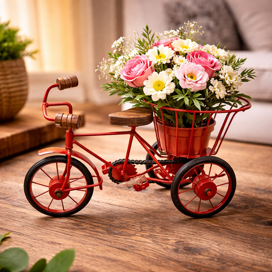 Vintage Tricycle Flower Planter – Rustic Metal Bicycle Basket Decor Showpiece