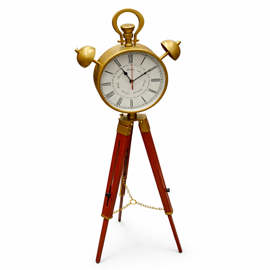 Vintage Brass Tripod Floor Clock – Nautical Style Wooden Stand Decorative Timepiece
