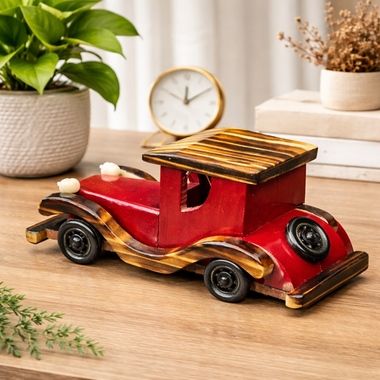 Vintage Wooden Toy Car Showpiece – Handmade Retro Car Decor in Red