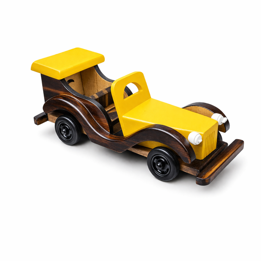 Handcrafted Vintage Wooden Toy Car – Decorative Model Yellow