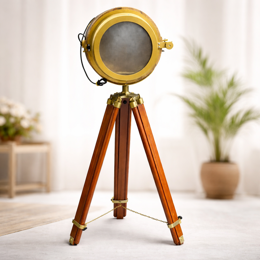 Vintage Brass Tripod Spotlight Lamp – Industrial Style Floor Lamp with Wooden Base