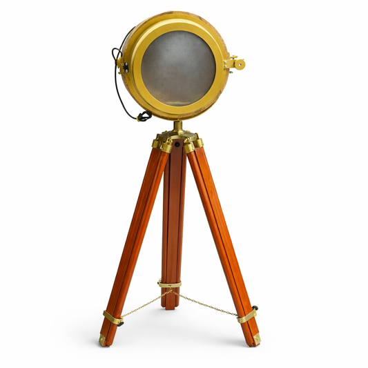 Vintage Brass Tripod Spotlight Lamp – Industrial Style Floor Lamp with Wooden Base