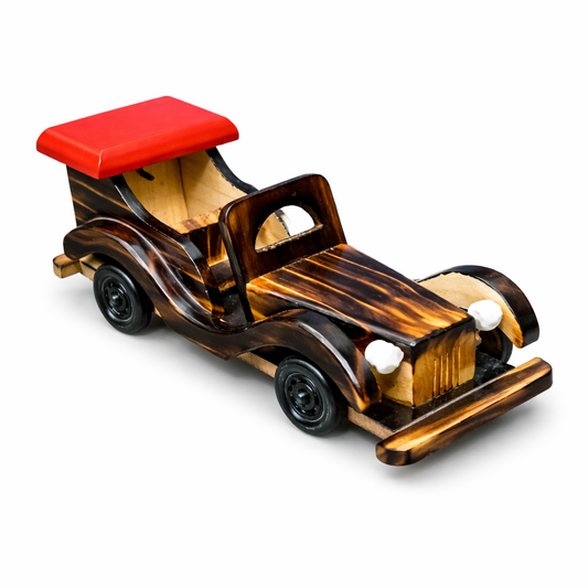 Handcrafted Vintage Wooden Toy Car – Decorative Model with Red Roof