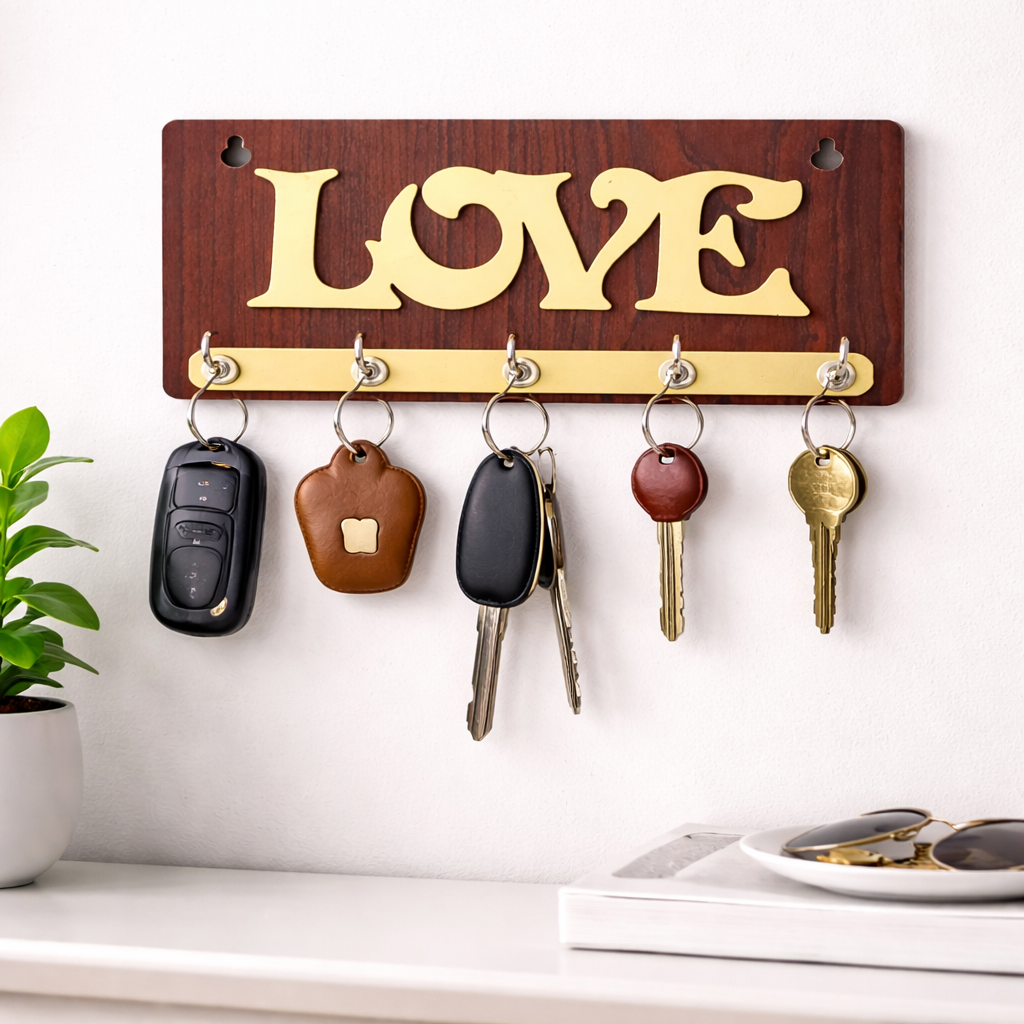 Rustic Wooden Key Holder with 'Sweet Home' Engraving – Decorative Wall Organizer