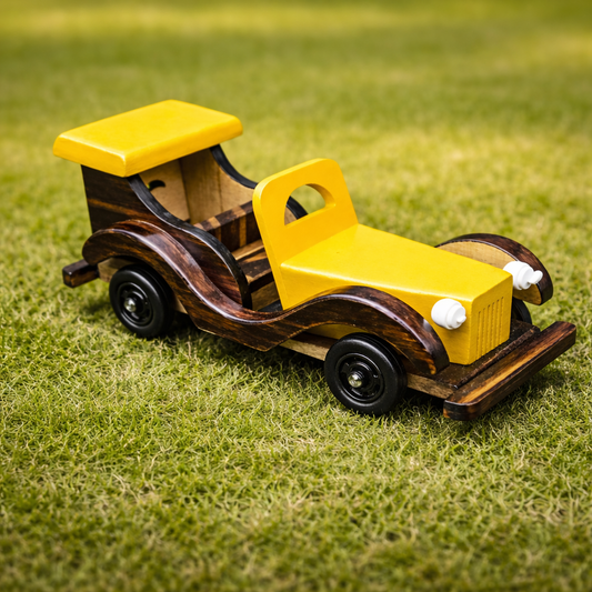 Handcrafted Vintage Wooden Toy Car – Decorative Model Yellow