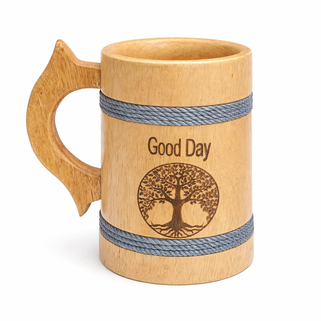 Handcrafted Wooden Beer Mug with Tree of Life Engraving – Rustic Drinkware
