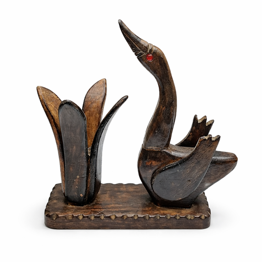 Handcrafted Wooden Swan and Cattail Figurine – Elegant Nature Décor
