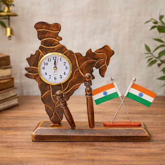 Wooden Map of India Clock with Indian Flags – Unique Desk Decor