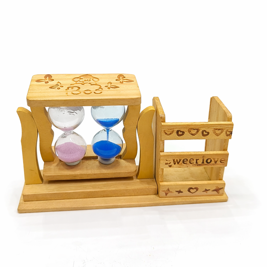 Wooden Desk Organizer with Dual Sand Timer & Pen Holder | Stylish Study Table Accessories