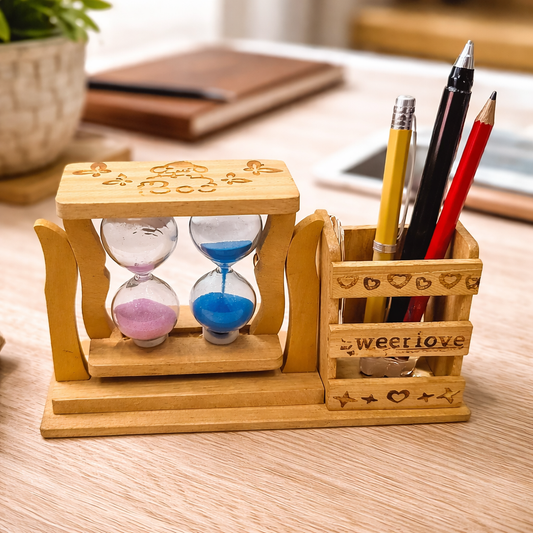 Wooden Desk Organizer with Dual Sand Timer & Pen Holder | Stylish Study Table Accessories