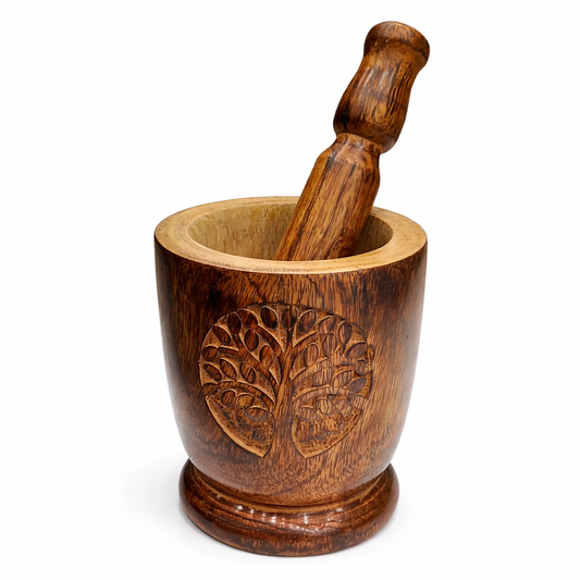 Handcrafted Wooden Mortar and Pestle – Engraved Tree of Life Design