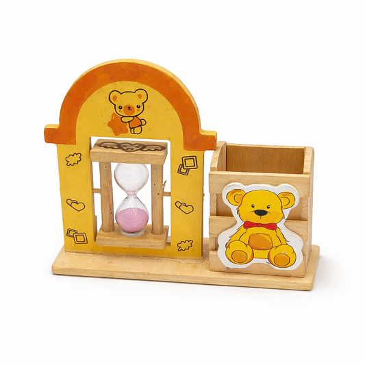 Cute Wooden Teddy Bear Desk Organizer with Sand Timer | Kids Study Table Stationery Holder