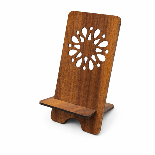 Wooden Mobile Phone Stand – Decorative Desk Holder with Floral Cutwork Design