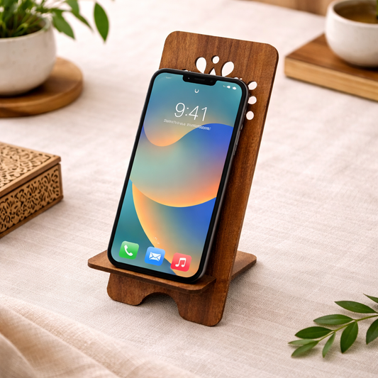 Wooden Mobile Phone Stand – Decorative Desk Holder with Floral Cutwork Design