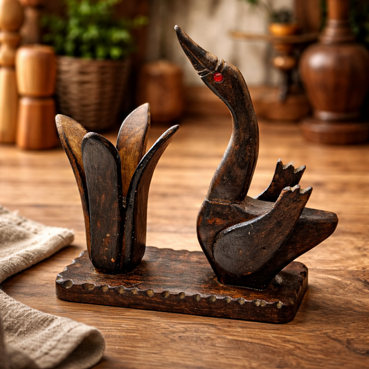 Handcrafted Wooden Swan and Cattail Figurine – Elegant Nature Décor