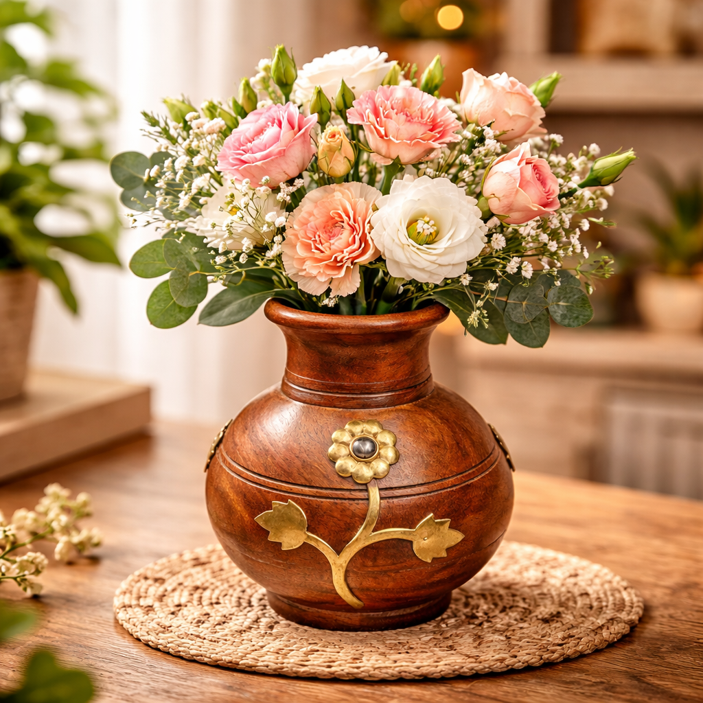Handcrafted Wooden Vase with Decorative Brass Flower Accents – Elegant Home Décor