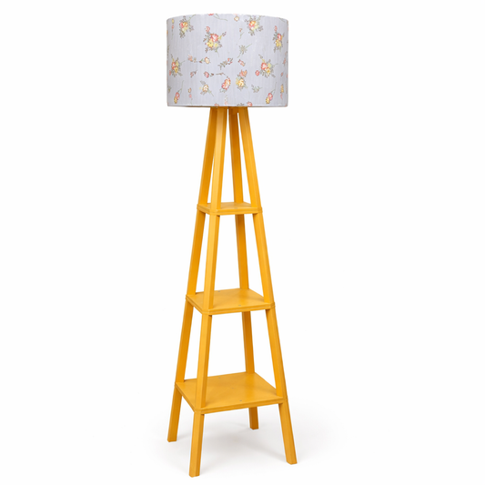 Yellow Tripod Floor Lamp with Floral Shade and Shelves – Modern Home Lighting and Storage