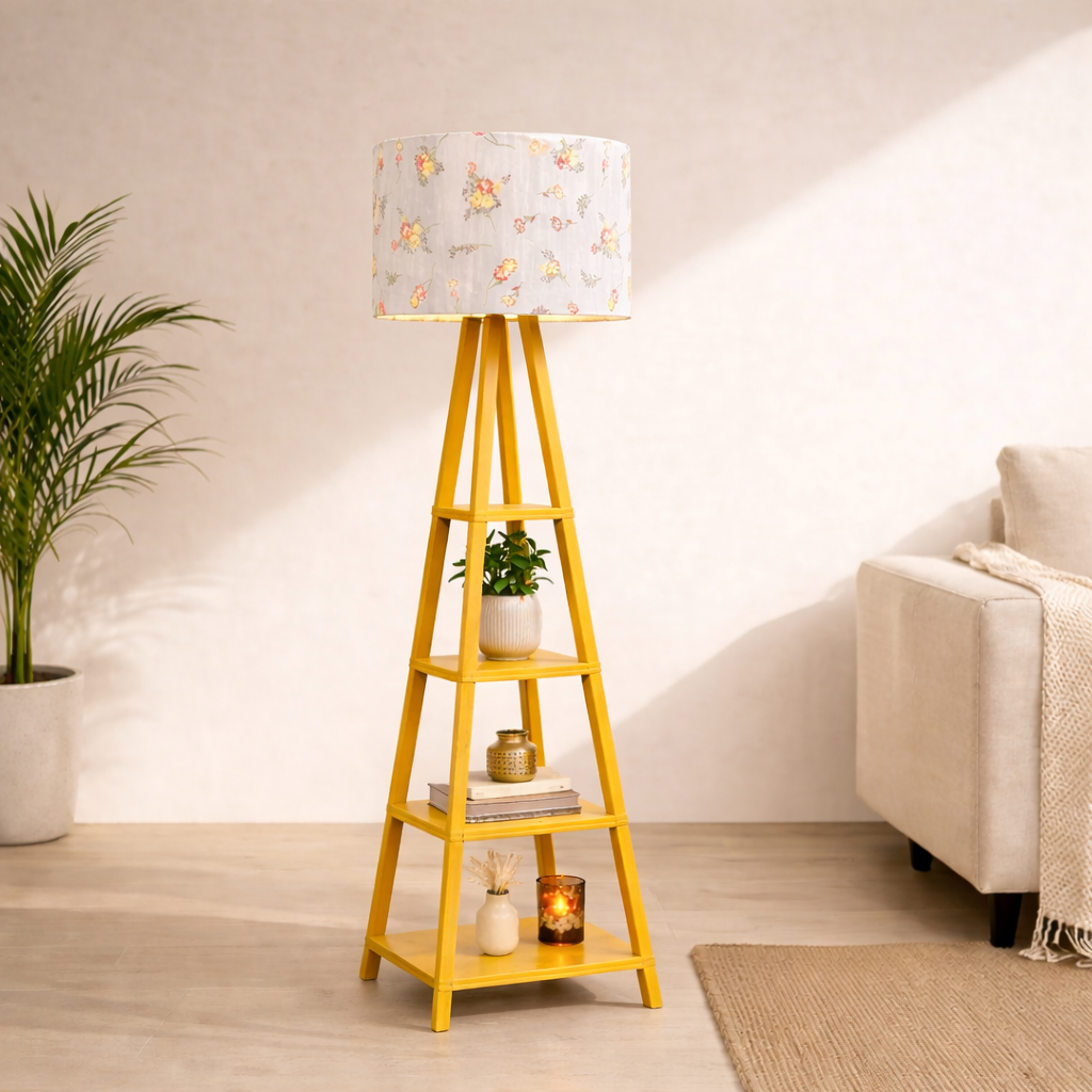 Yellow Tripod Floor Lamp with Floral Shade and Shelves – Modern Home Lighting and Storage